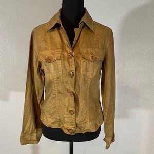BEREK BY TAKAKO SAKON Womens Linen Blend Jacket Embellished Buttons Studs Gold S